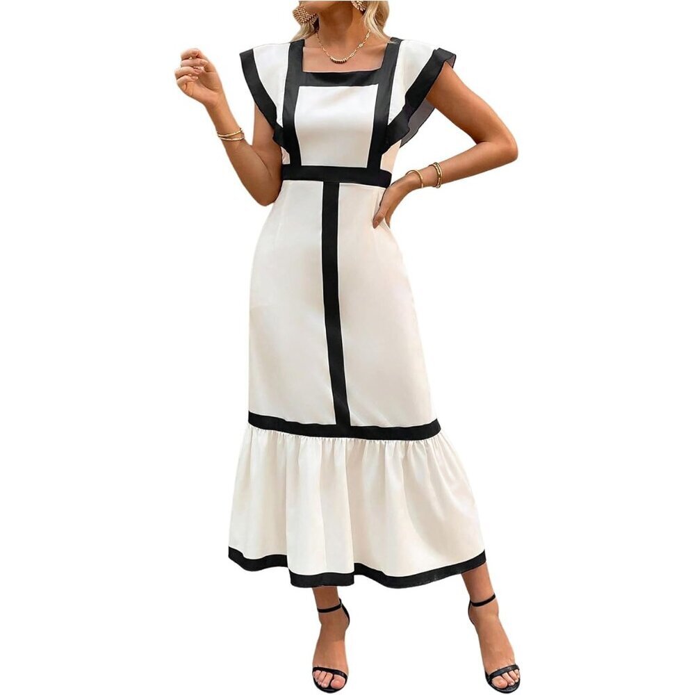 Women's Square Neck Ruffle Hem Dress Color Block Long Casual Elegant